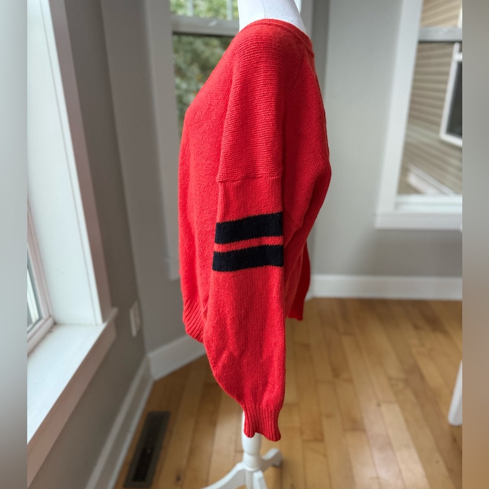 Vintage Lands’ End Red Orange Black Striped V Neck Wool Cardigan Sweater Sz M - Picture 5 of 8